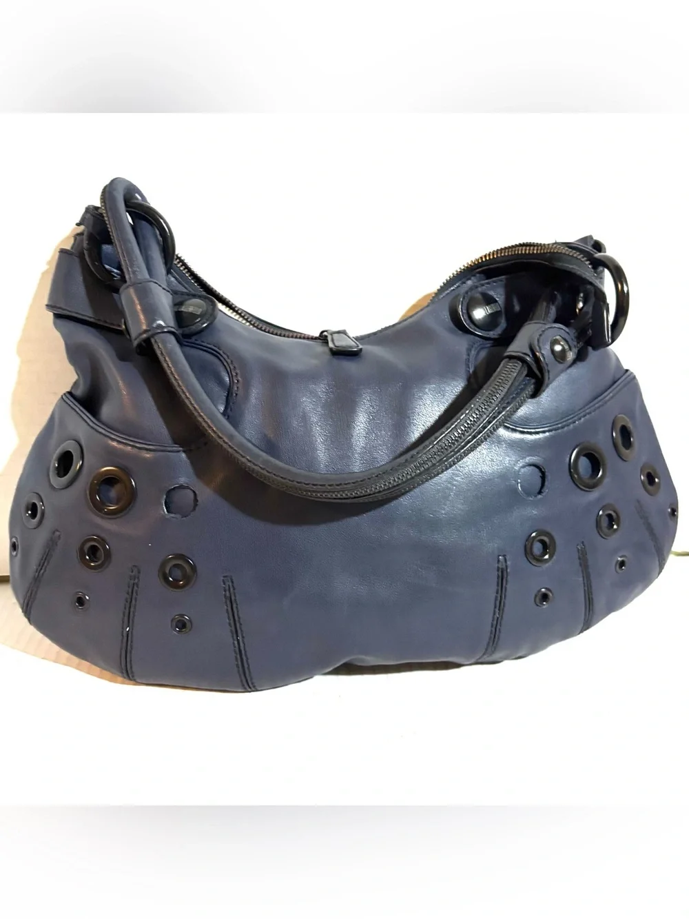 Karl Lagerfeld Navy Leather Shoulder Bag with Grommet Accents